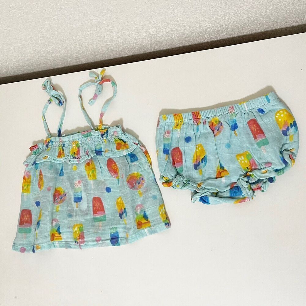 Angel Dear Organic Muslin Ruffle Top & Bloomers Set Popsicles 12-18 Months NWT